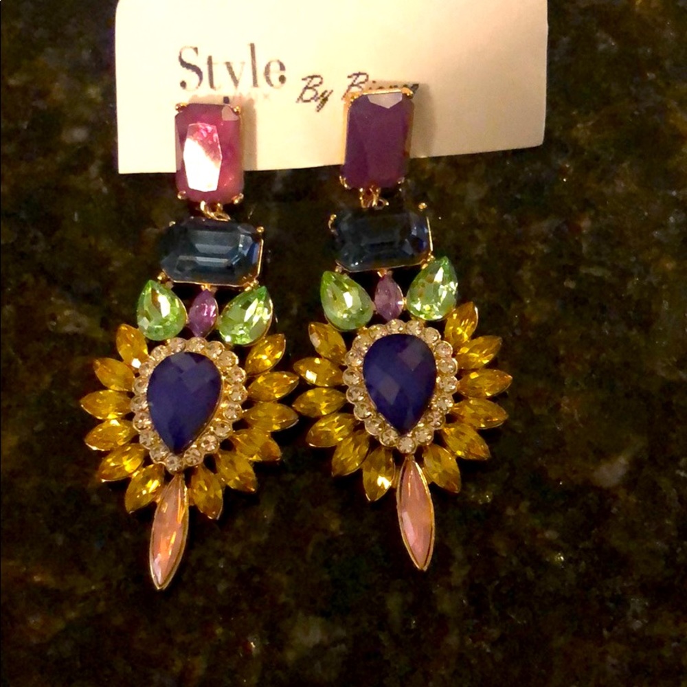Jewel Toned Emerald Cut Chandelier Earrings